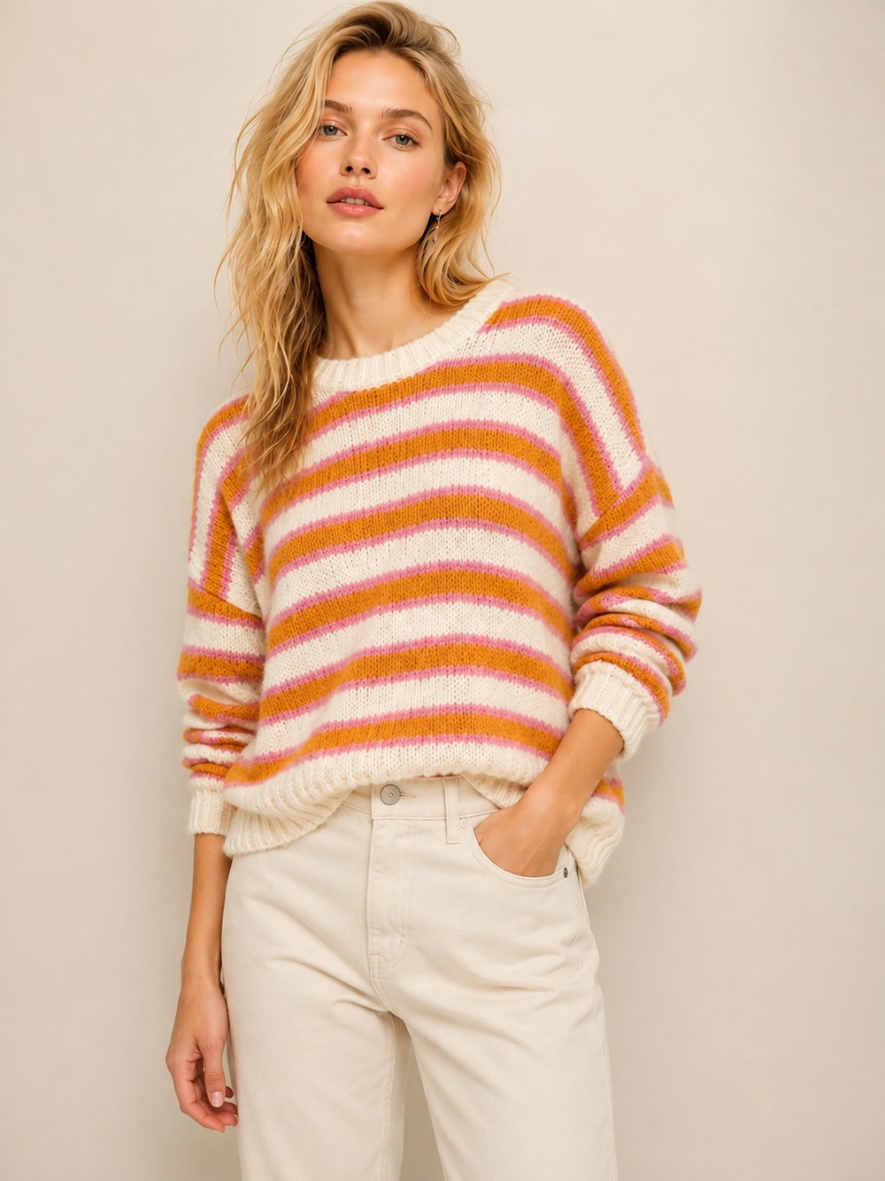 Vero Moda Cream Crewneck Sweater with Pink & Orange Stripes